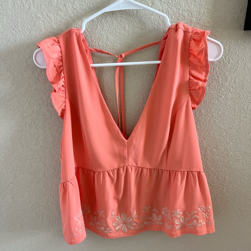 Lily Star Coral Ruffle Embroidered Blouse